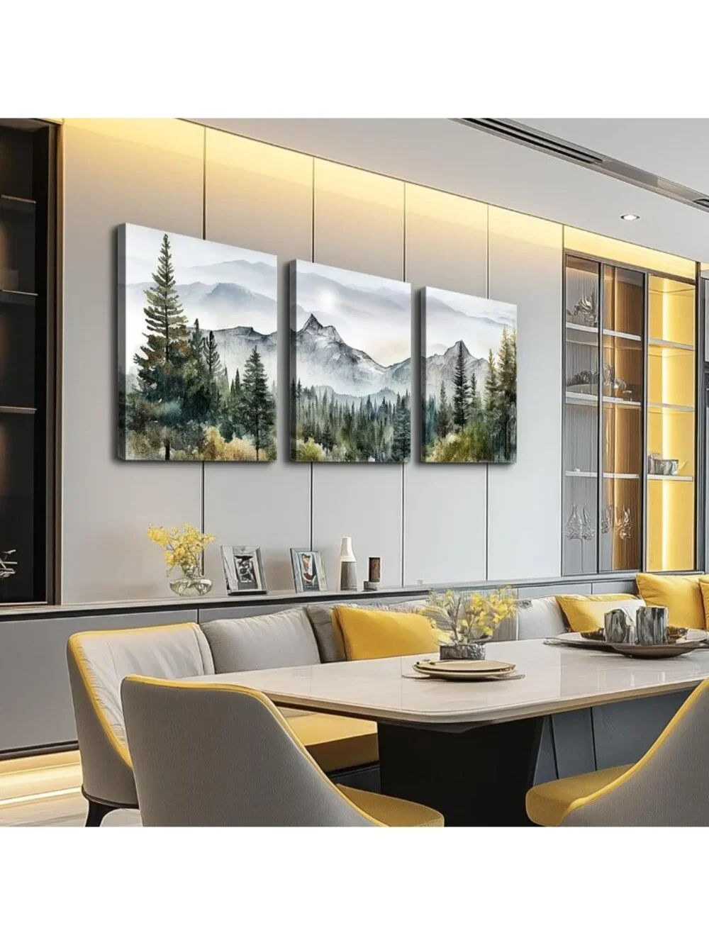 Modern Abstract Mountain Forest Canvas Art Prints - 3 Piece Framed Wall Decor